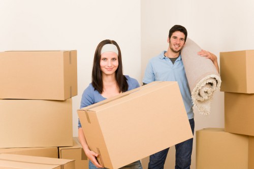 Packed office items ready for transport during a Bloomsbury business move