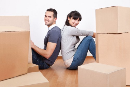 Office furniture and boxes prepared for a Bloomsbury relocation
