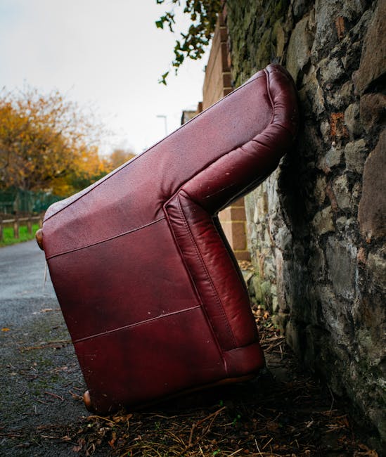 A large red leather sofa has been moved outside a property and is leaning against a brick and stone wall on a pavement. The sofa's backrest and armrest are visible, with some visible creases in the leather material. The setting appears to be in an outdoor residential area with trees and a street visible in the background. The sofa is positioned close to the wall, indicating it has been recently transported during a house removal or furniture disposal process. This scene reflects the loading or unloading stage of a home relocation service provided by Man with Van Bloomsbury, which involves careful handling of furniture, packing materials, and transportation equipment such as trolleys or vans. The lighting is natural, suggesting daytime, and the overall environment suggests an ongoing effort to clear or move furniture as part of a professional removals operation.
