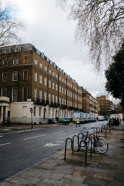 A multi-storey brick building with several rows of windows and black metal balconies is situated along a city street. Parked vehicles, including a green car and a white delivery van, are visible nearby, with some moving along the road. In the foreground, a sidewalk features a row of metal bike racks, one of which holds a bicycle. Large cardboard boxes, some wrapped in plastic, are being carried or loaded onto a moving truck, which is parked parallel to the building's entrance, indicating a home relocation or packing process. The scene is set during daylight with overcast skies, and leafless trees with sprawling branches extend into the frame, suggesting a cold season. Man with Van Bloomsbury's removals team is engaged in a furniture transport or packing and moving activity on this busy urban street, illustrating a typical house removal scenario in Bloomsbury.